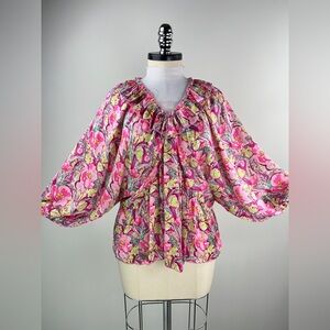 💚 3533. Loose Fit Floral Ruffled Balloon Sleeve Blouse